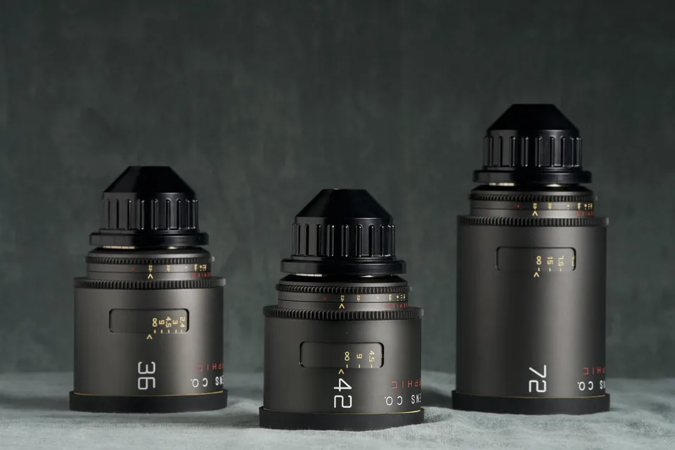Three Atlas Mercury anamorphic lenses standing together, 36, 42 and 72 millimetre.